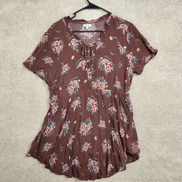 Maurices Tops - Maurices Brown Floral Lace-Up Short Sleeve Peplum Blouse Top Size Large